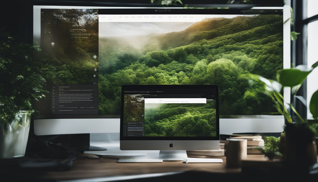 Eine interaktive Website auf einem Computerbildschirm, umgeben von Büchern und grünem Pflanzen.
