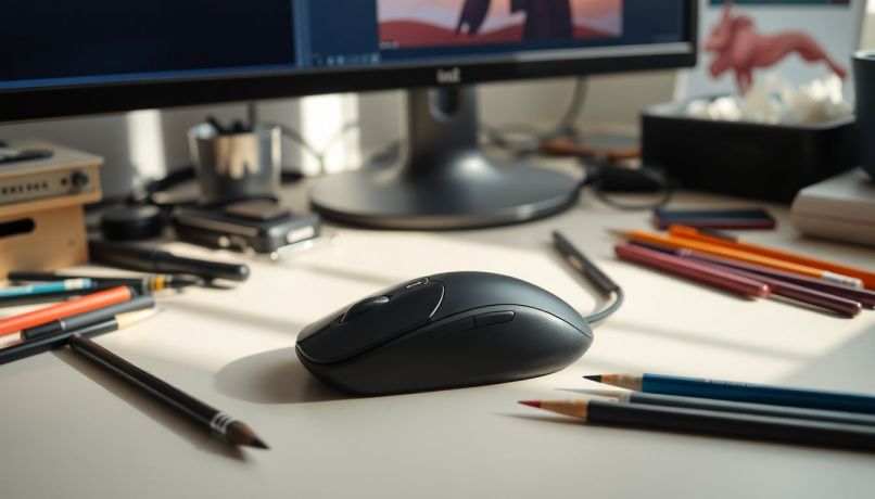 Ein Computer-Maus und digitales Kunstwerk auf einem Schreibtisch.